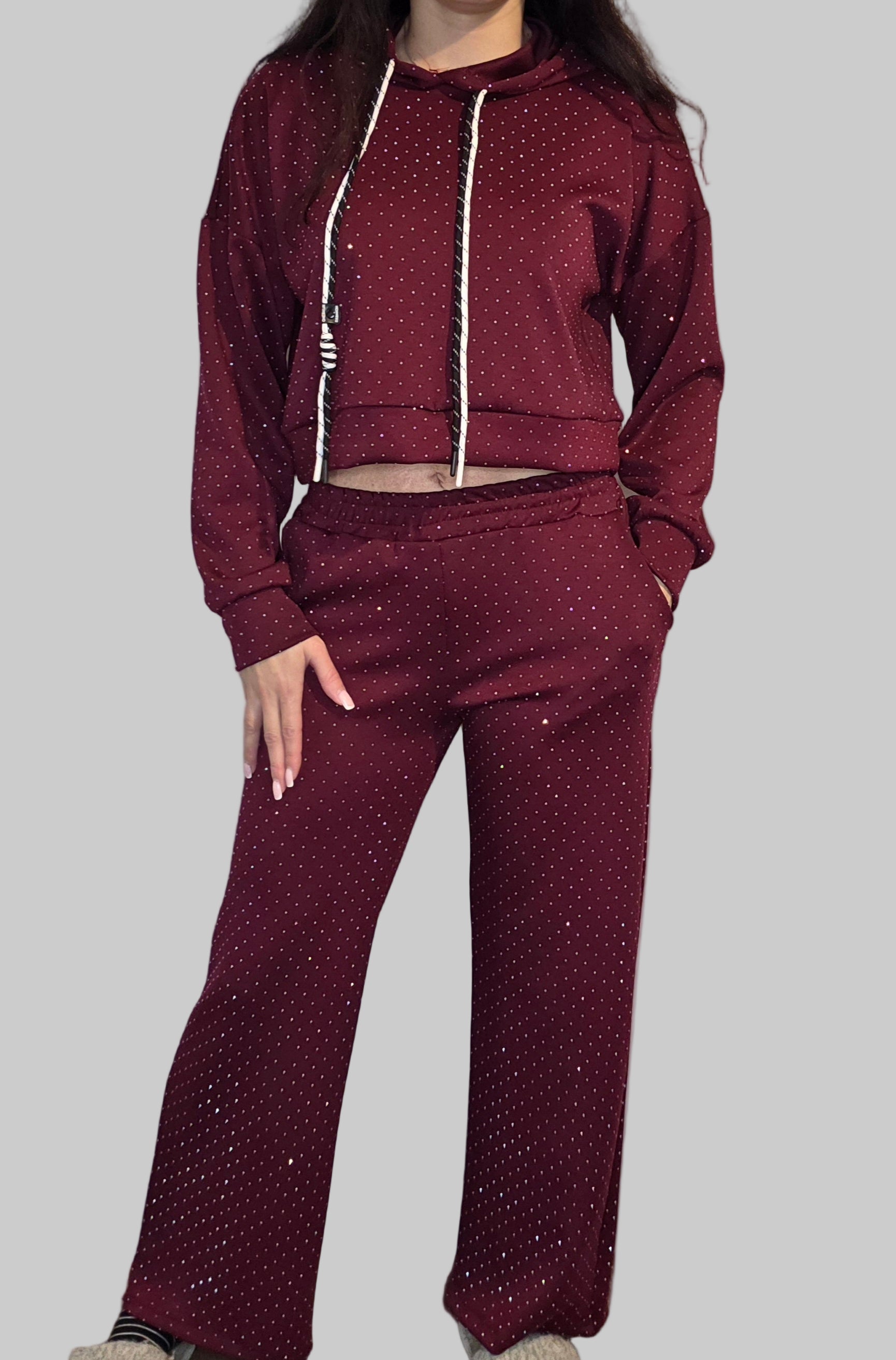 Naujas 2 dalių laisvalaikio puošnus blizgus su viskoze kostiumėlis bordo