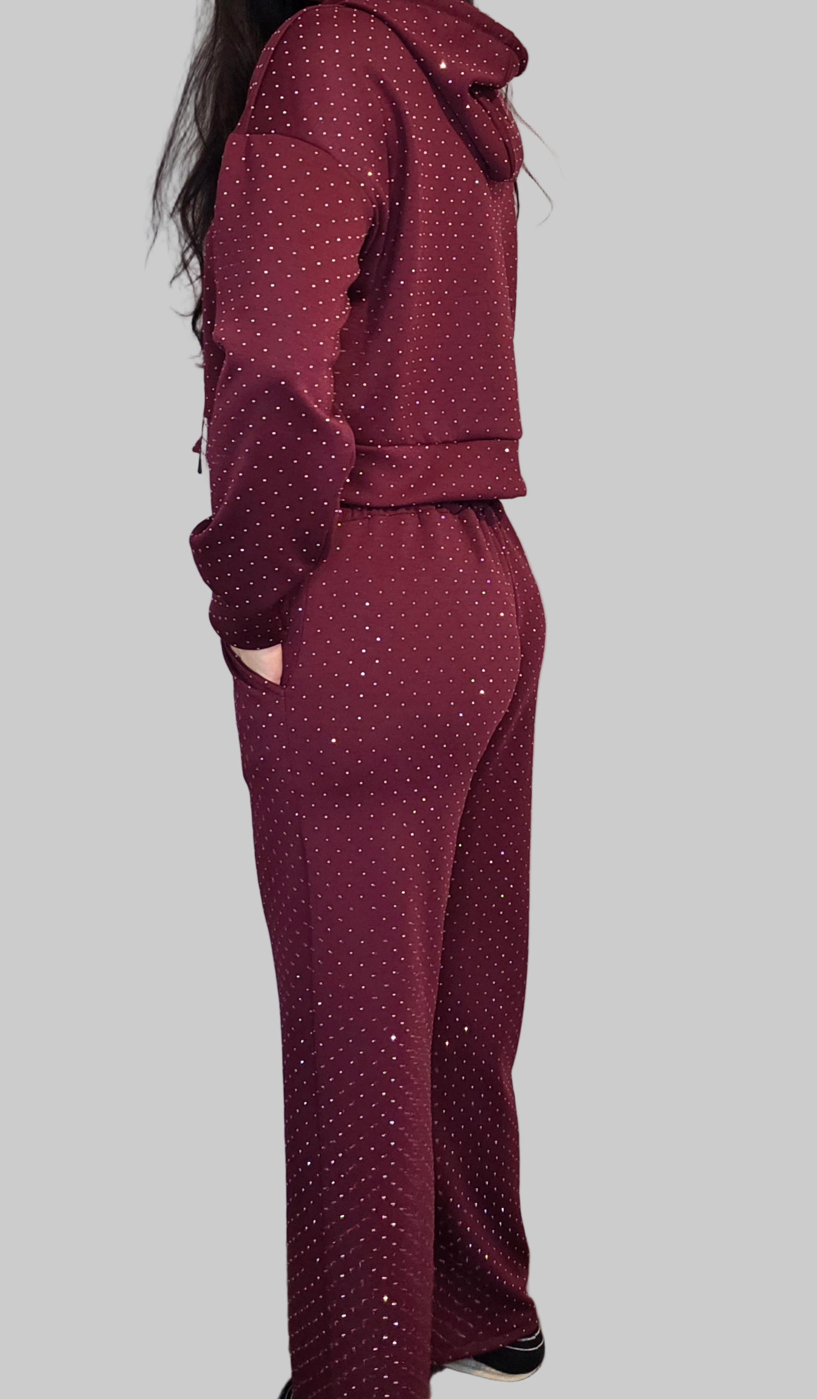 Naujas 2 dalių laisvalaikio puošnus blizgus su viskoze kostiumėlis bordo